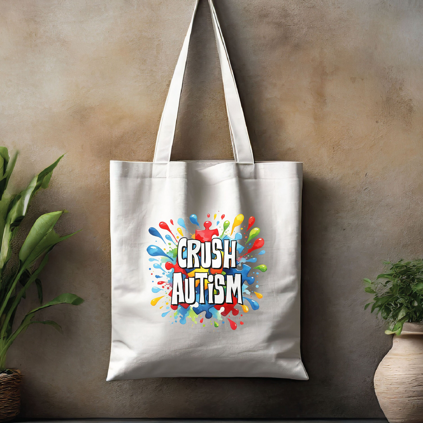 a white tote bag with the words crush autism printed on it