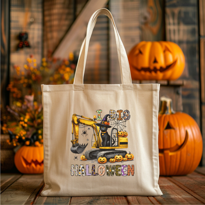 a tote bag with a picture of a bulldozer on it