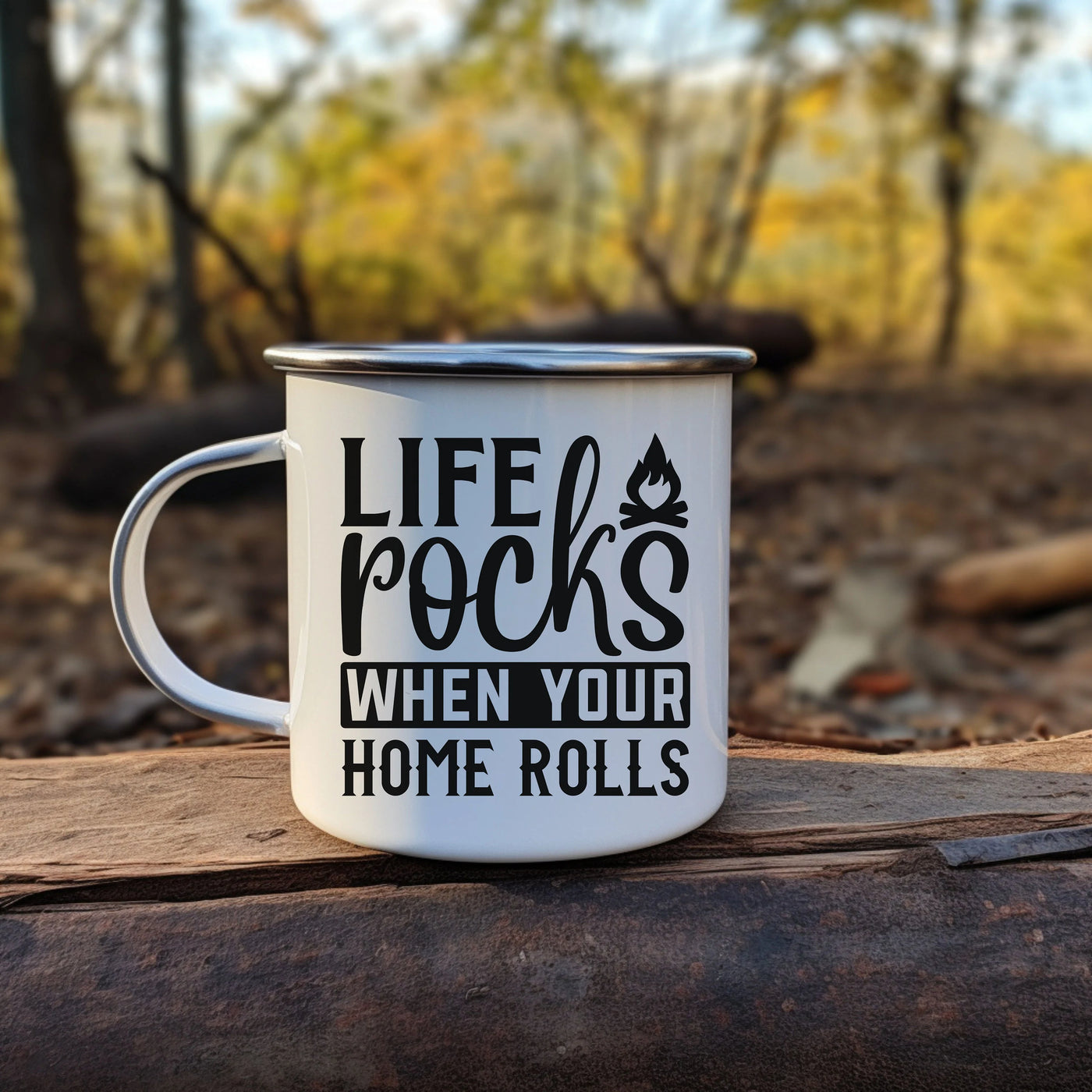 a white coffee mug sitting on top of a log