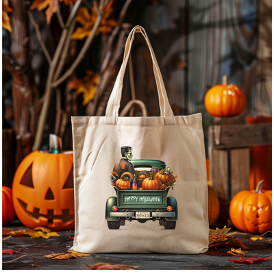 a bag with a picture of a truck with pumpkins on it