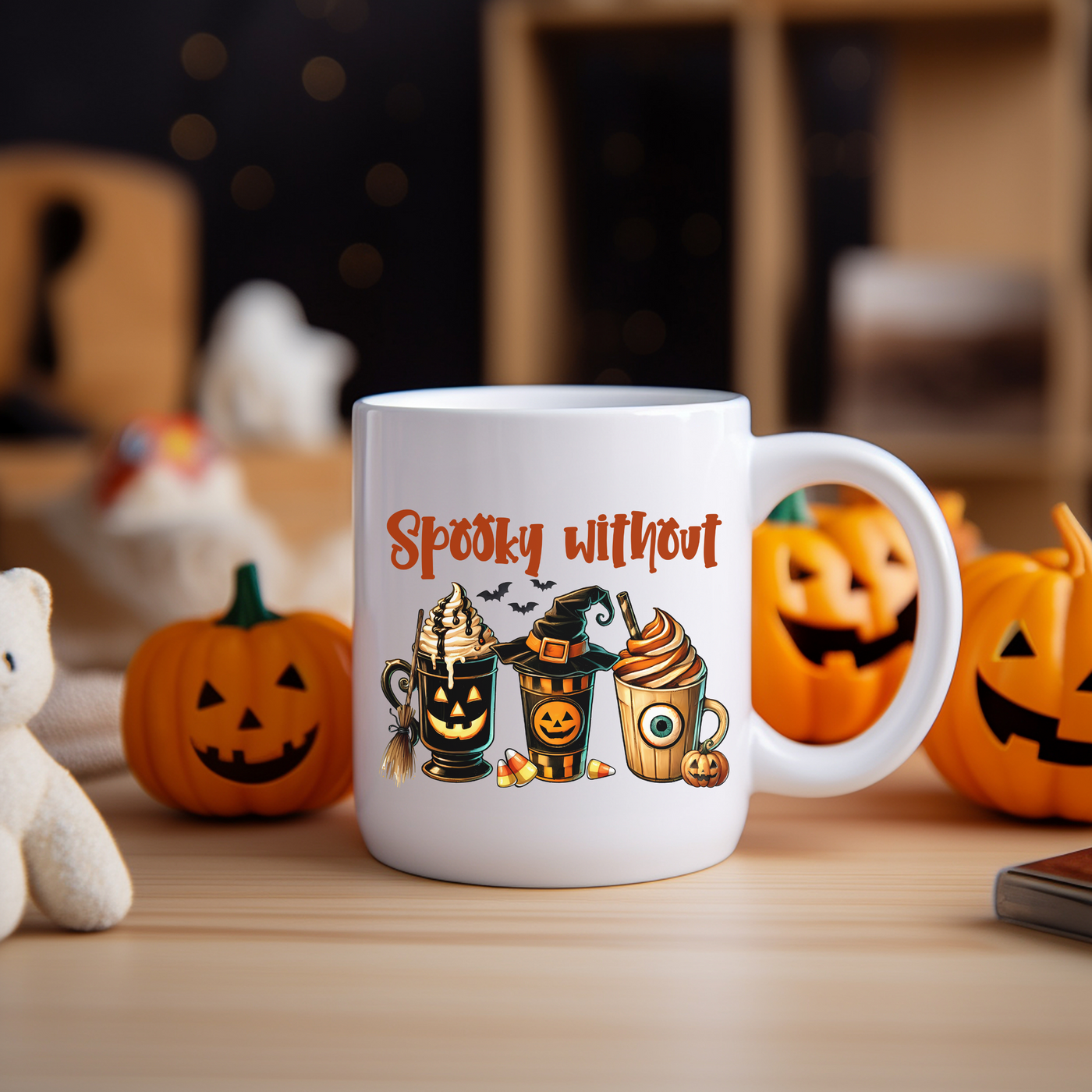 a white coffee mug sitting on top of a wooden table