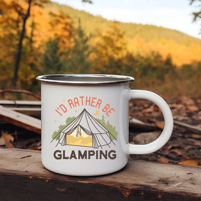 a camp mug sitting on top of a wooden table