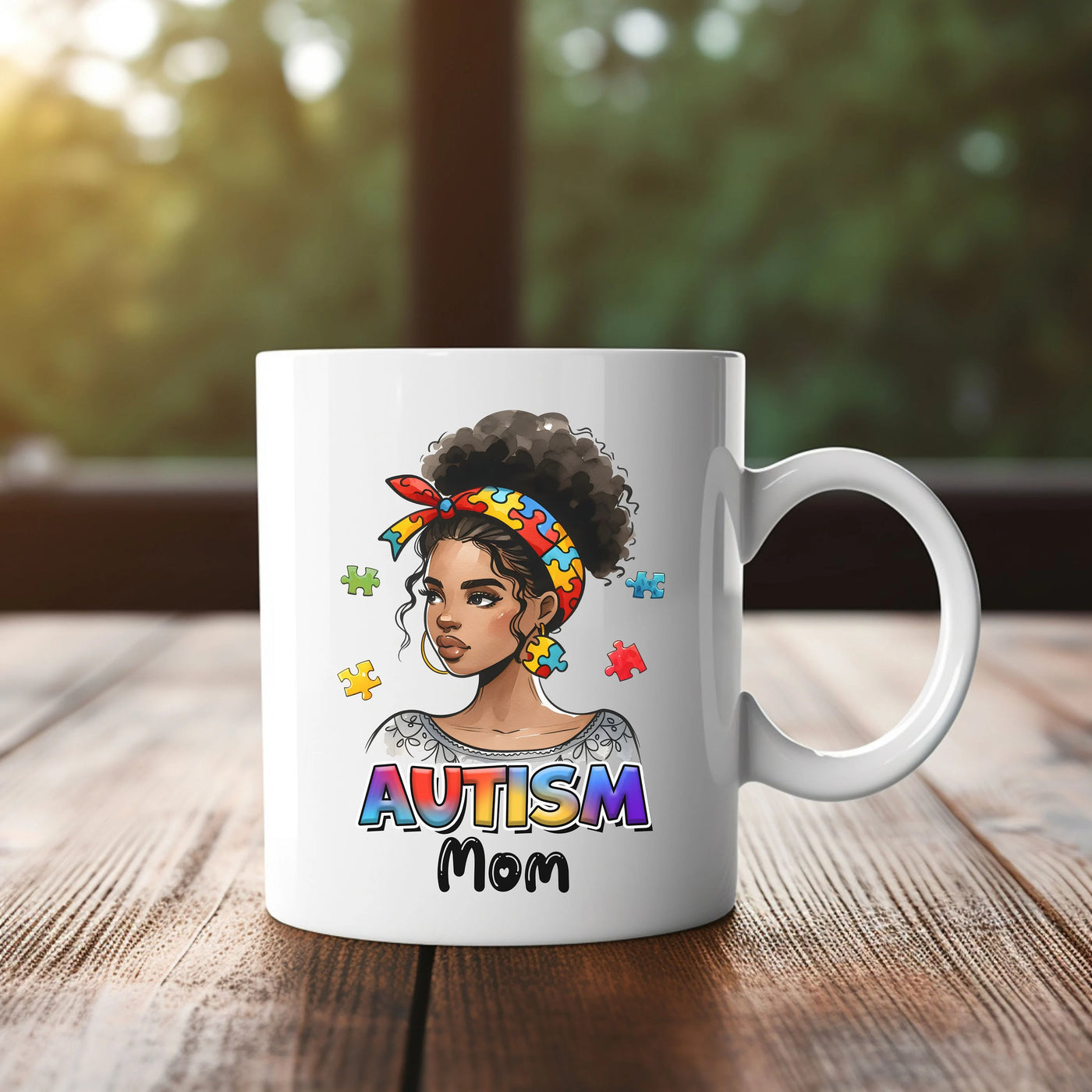 a white coffee mug with an image of a woman's face on it