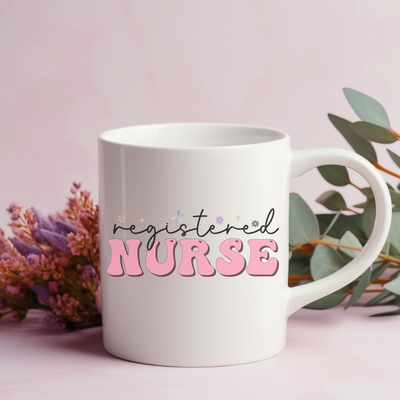 a white coffee mug with the word nurse printed on it