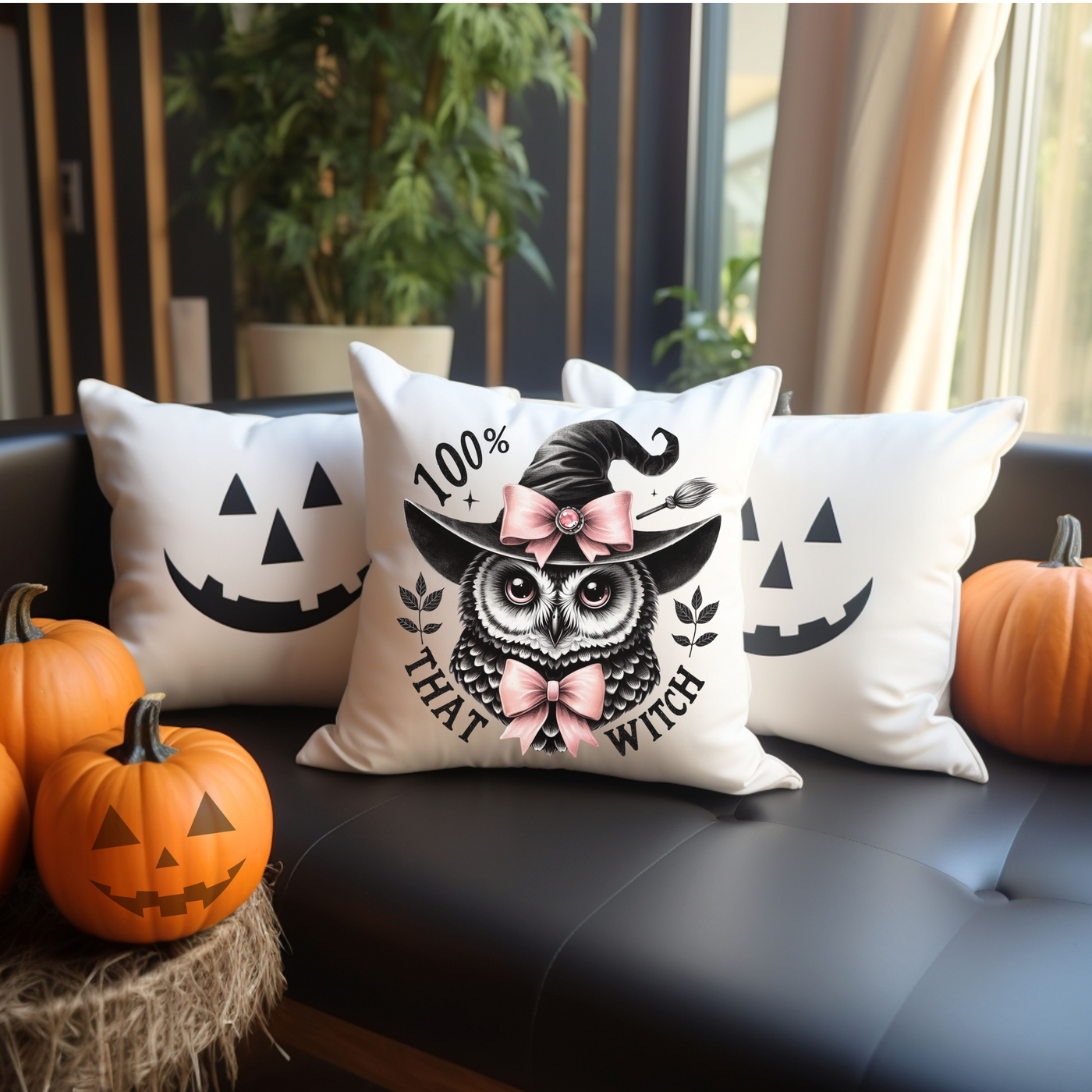 two decorative pillows on a couch with pumpkins