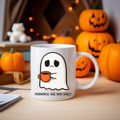 a white coffee mug with a ghost on it