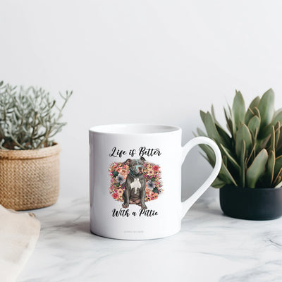 a coffee mug with a picture of a dog on it