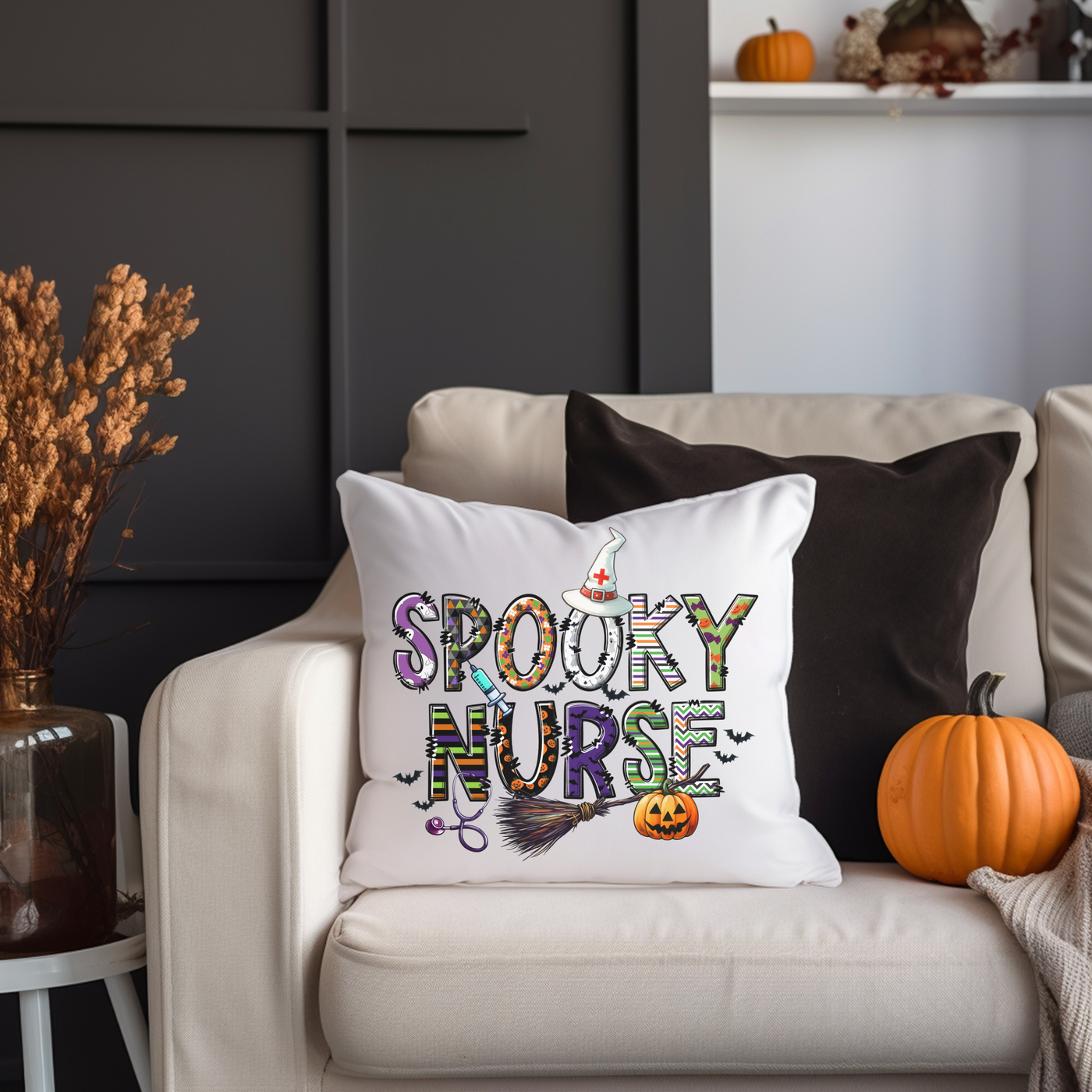 a white couch with a pillow that says spooky nurse