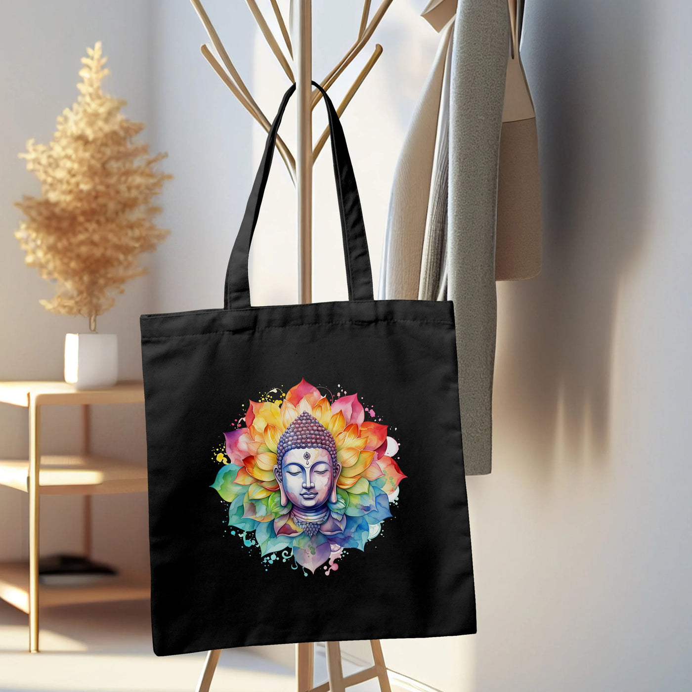 a black bag with a buddha image on it