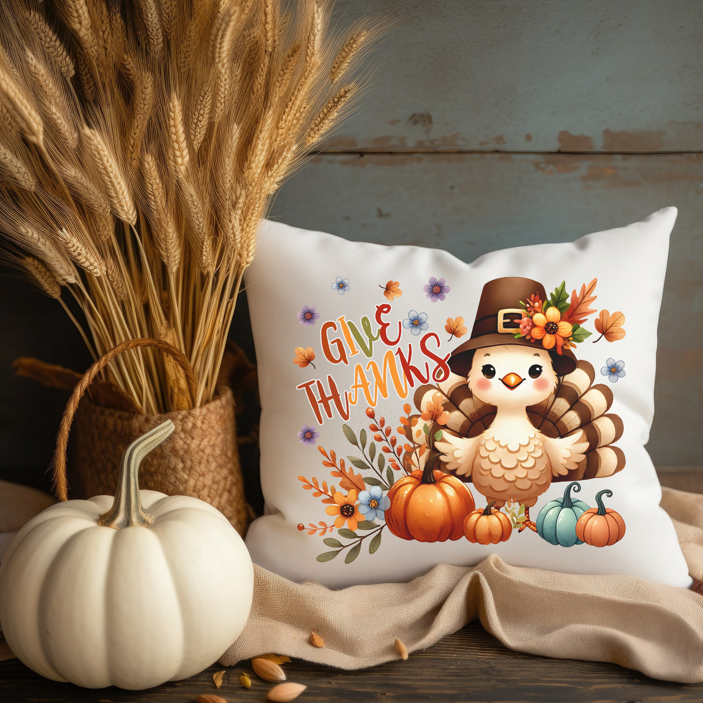 a thanksgiving pillow with a turkey on it