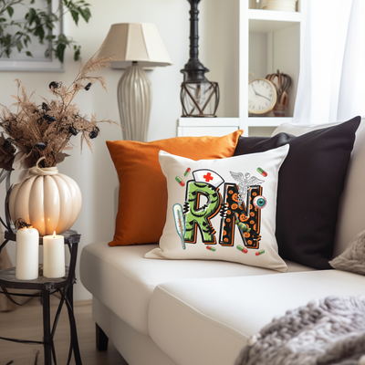 a living room with a white couch and pillows