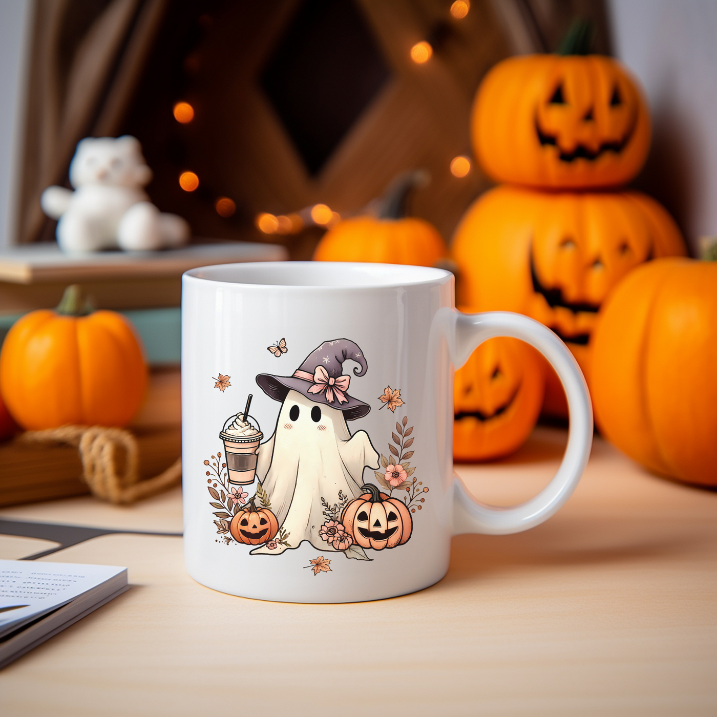 a white coffee mug with a ghost on it