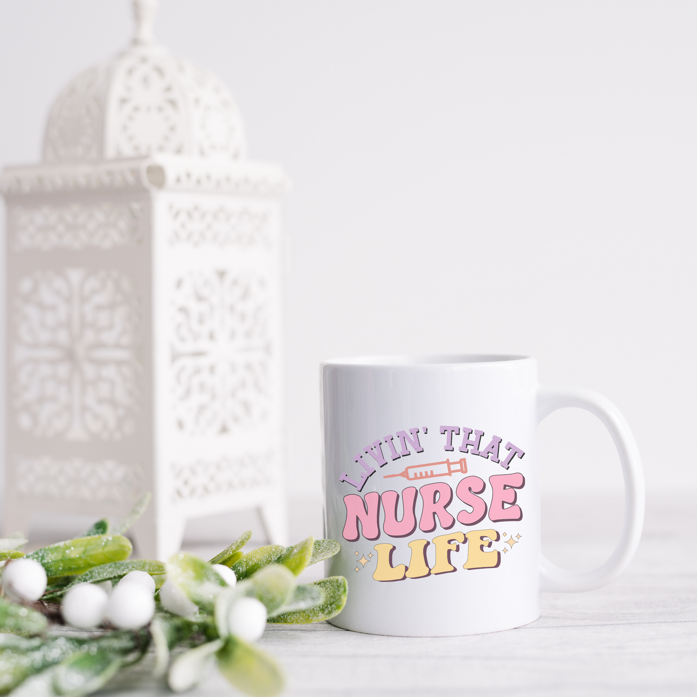 a white coffee mug sitting on top of a table