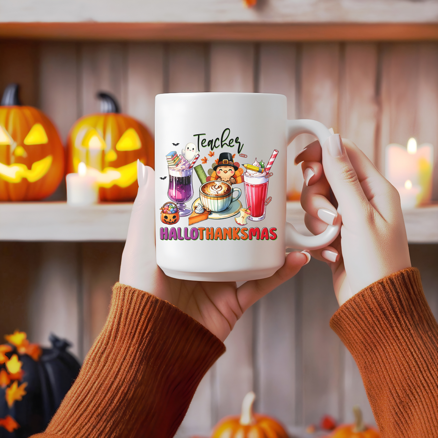 a person holding a coffee mug in front of a shelf