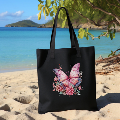 a black bag with a pink butterfly on it