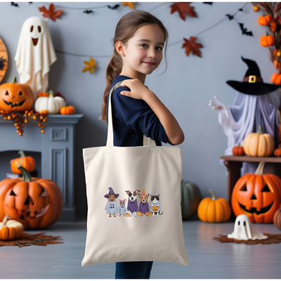 a little girl holding a trick or treat bag