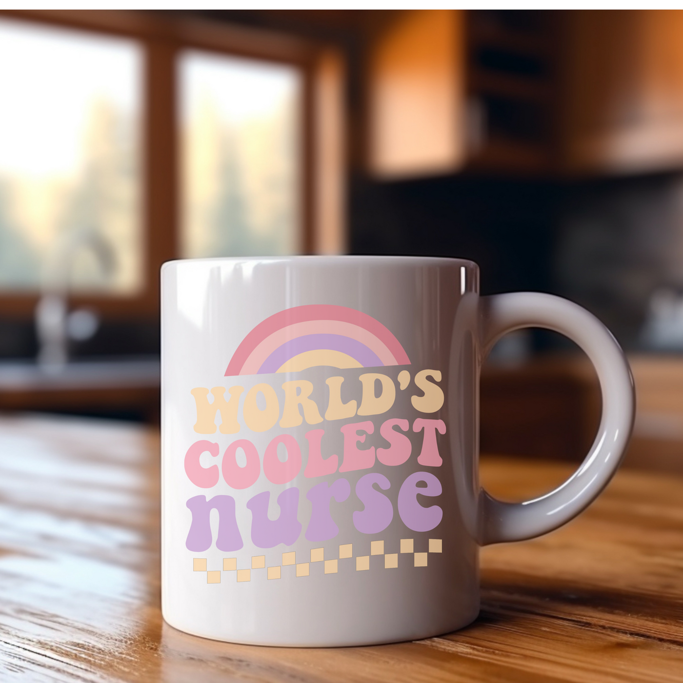 a coffee mug sitting on top of a wooden table