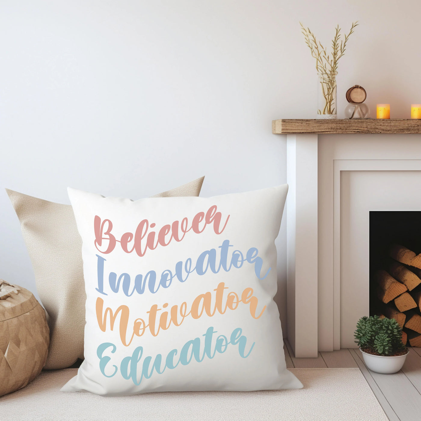 a white pillow sitting on top of a couch next to a fire place