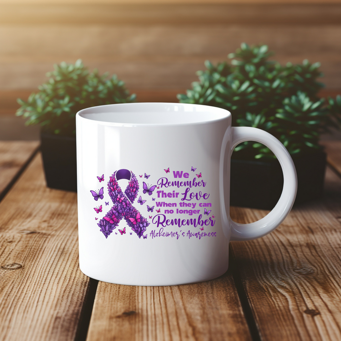 a white coffee mug with a purple ribbon on it