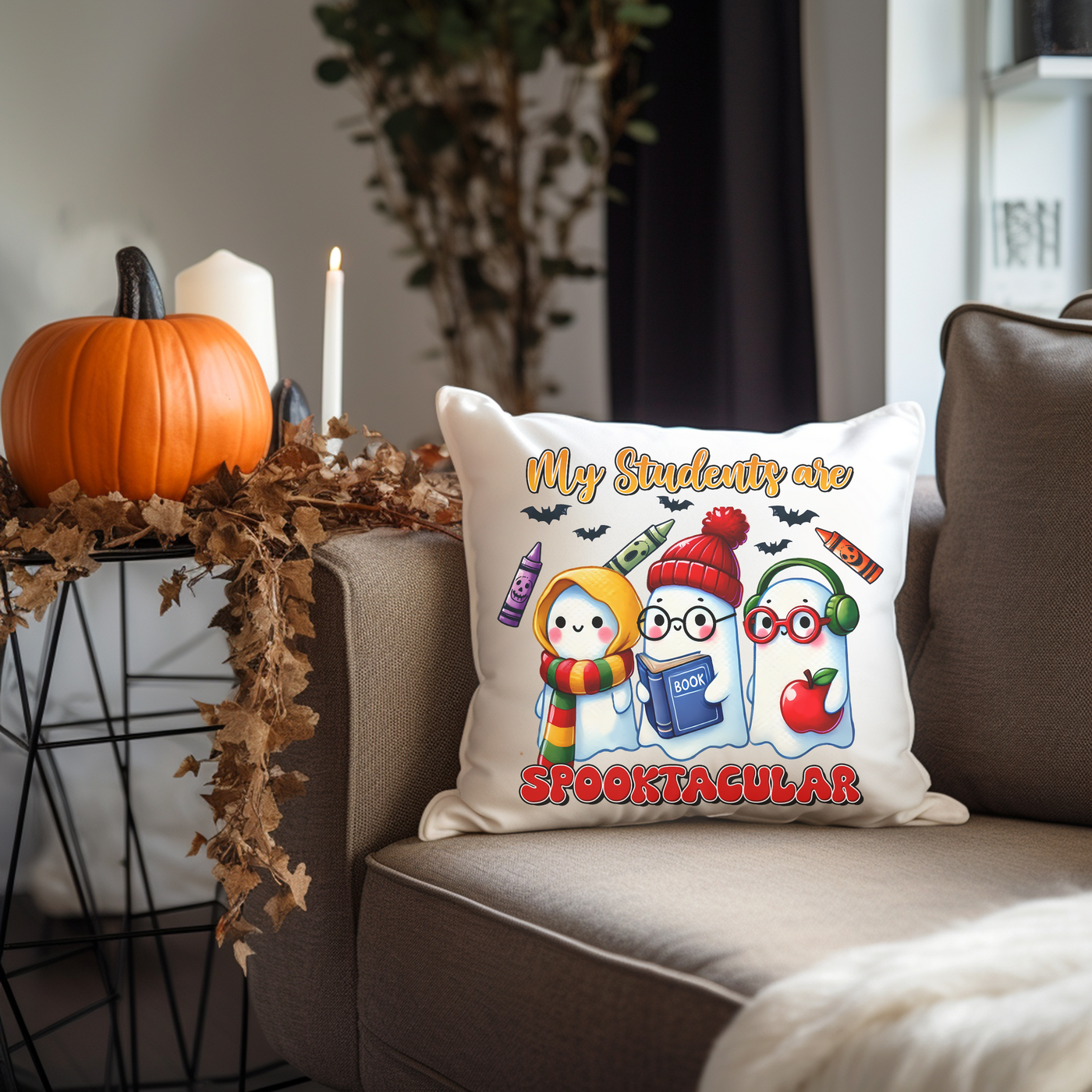 a couch with a pillow on it with a picture of two snowmen on it