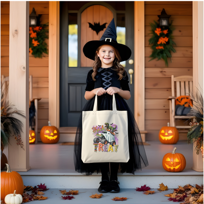 a little girl in a witch costume holding a trick or treat bag