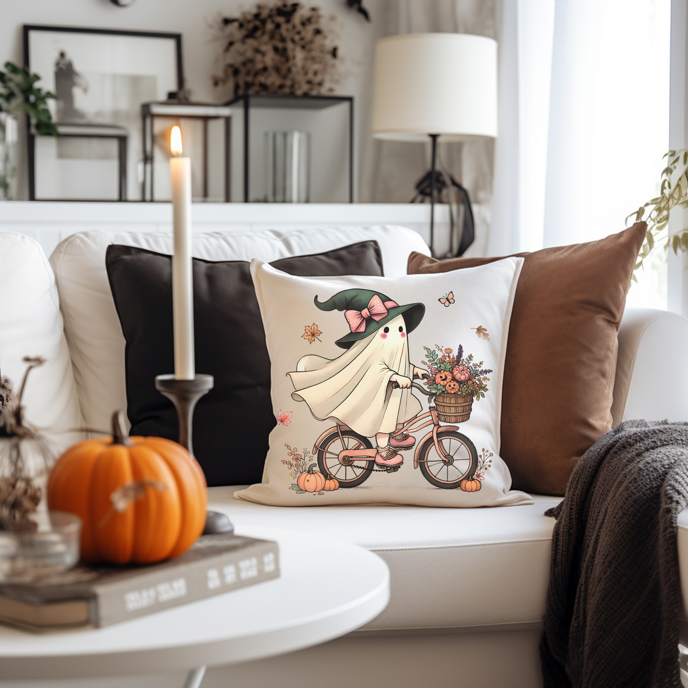 a living room filled with furniture and a candle