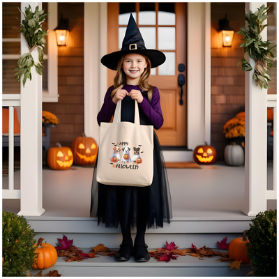 a little girl in a witch costume holding a trick or treat bag