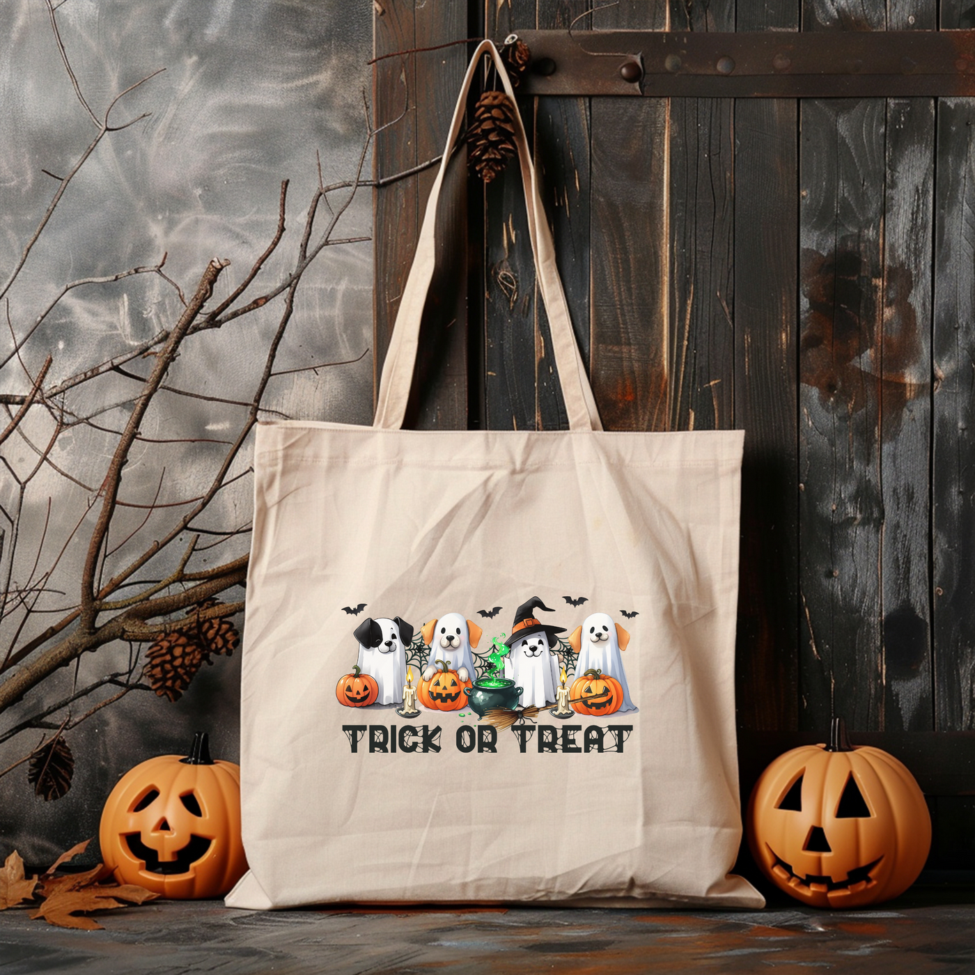 a trick or treat bag sitting next to two pumpkins