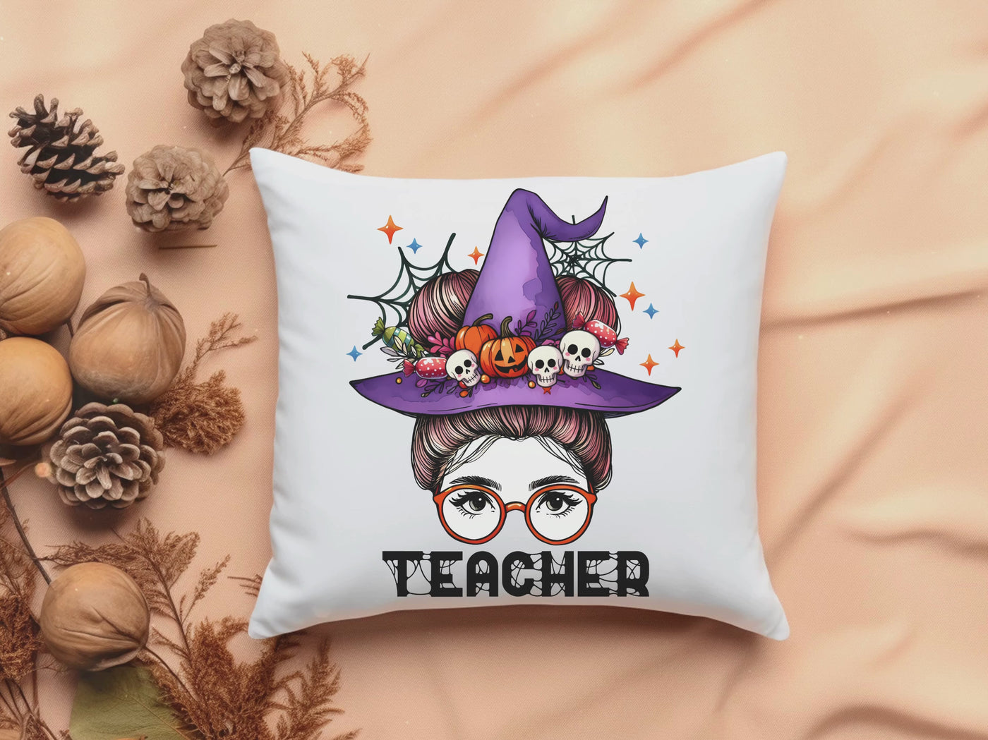 Teacher Witch Halloween Pillow - Square Decorative Cushion