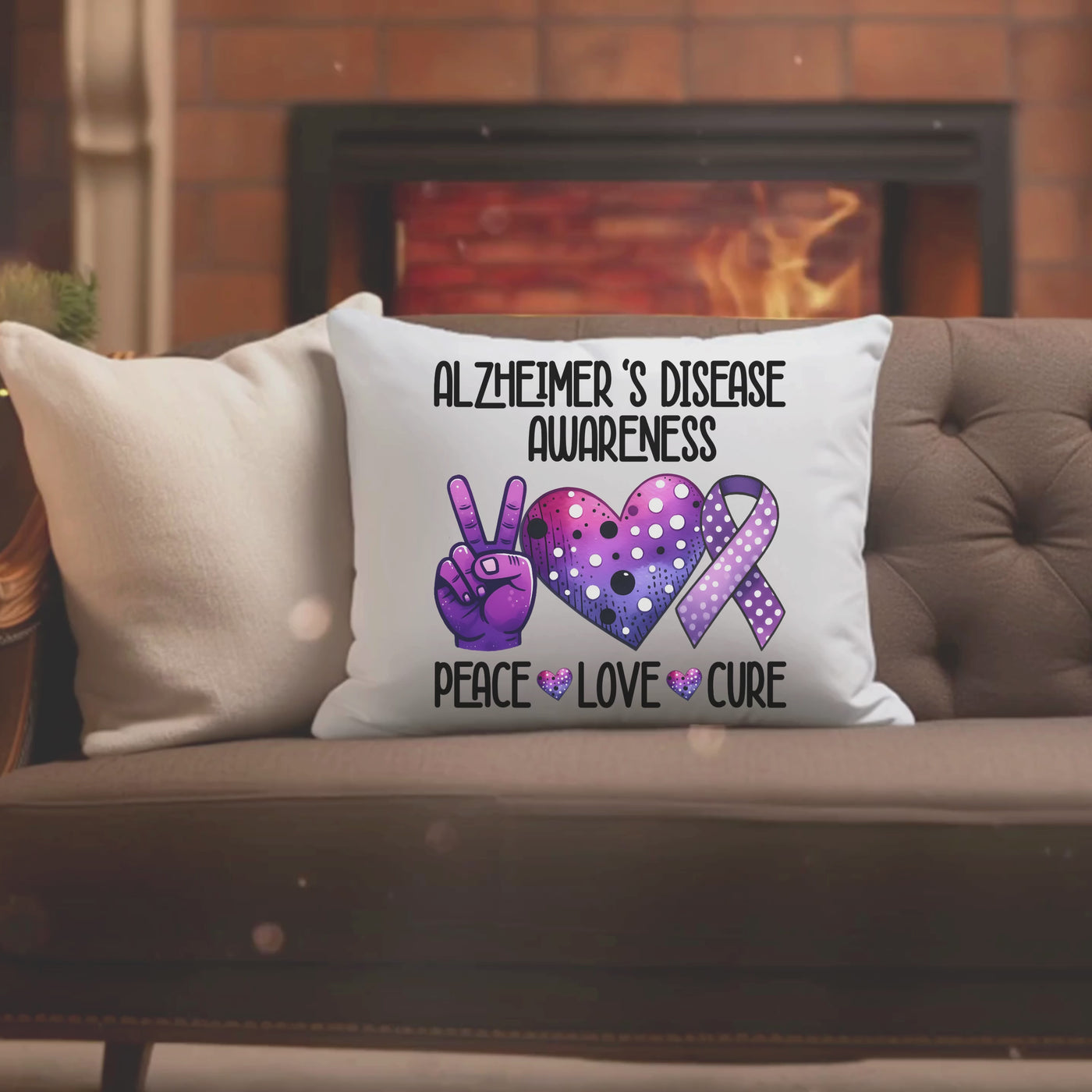 Alzheimers Awareness Pillow - Peace Love and a Cure for the Cause