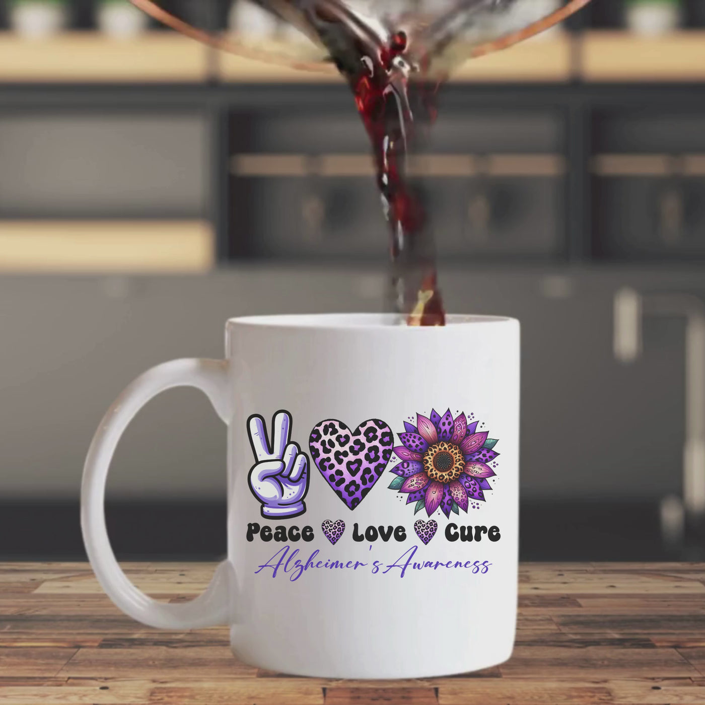 Peace Love and Cure Alzheimer's Awareness Ceramic Mug - Perfect for Gifts and Support