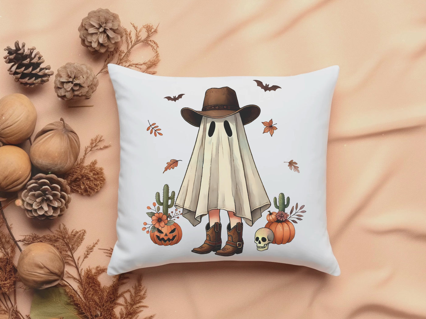 Spooky Ghost in Boots Halloween Pillow - Square Accent Cushion for a Hauntingly Good Time