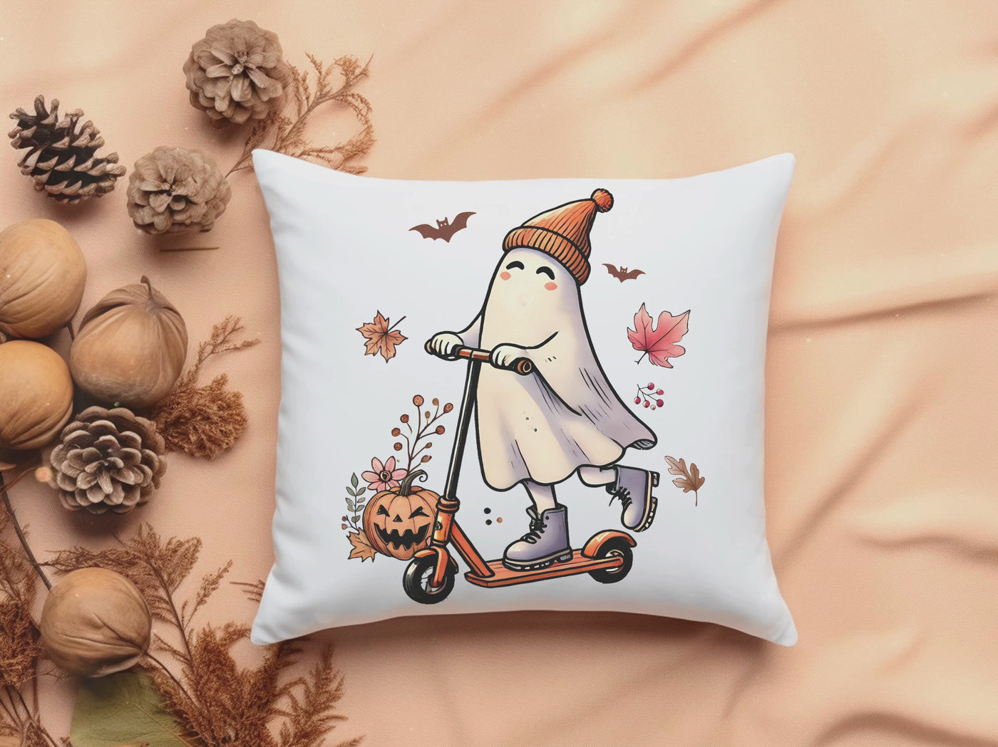 Spooky Halloween Ghost Riding Scooter Pillow - Perfect for Home Decor