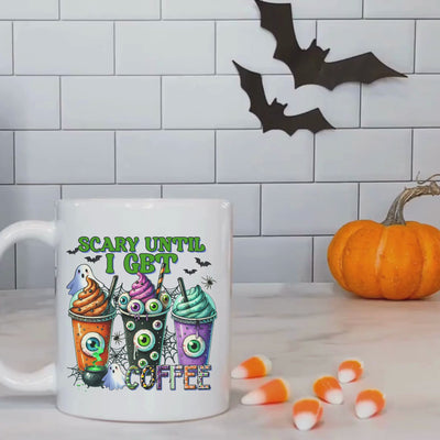 Scary Until I Get Coffee 11oz Halloween Ceramic Mug - Spooky Gift for Coffee Lovers