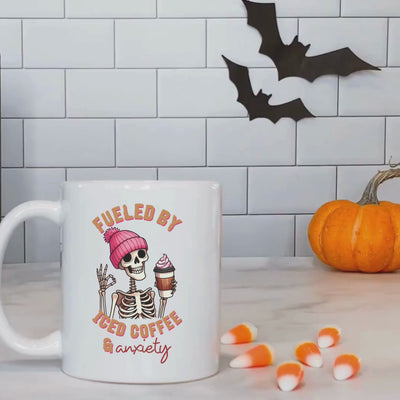 Fueled by Ice Coffee  Anxiety Halloween Ceramic Mug - Best for Your Spooky Caffeine Fix