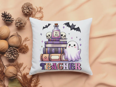 Teacher-themed Halloween Square Pillow with Bat and Book Design