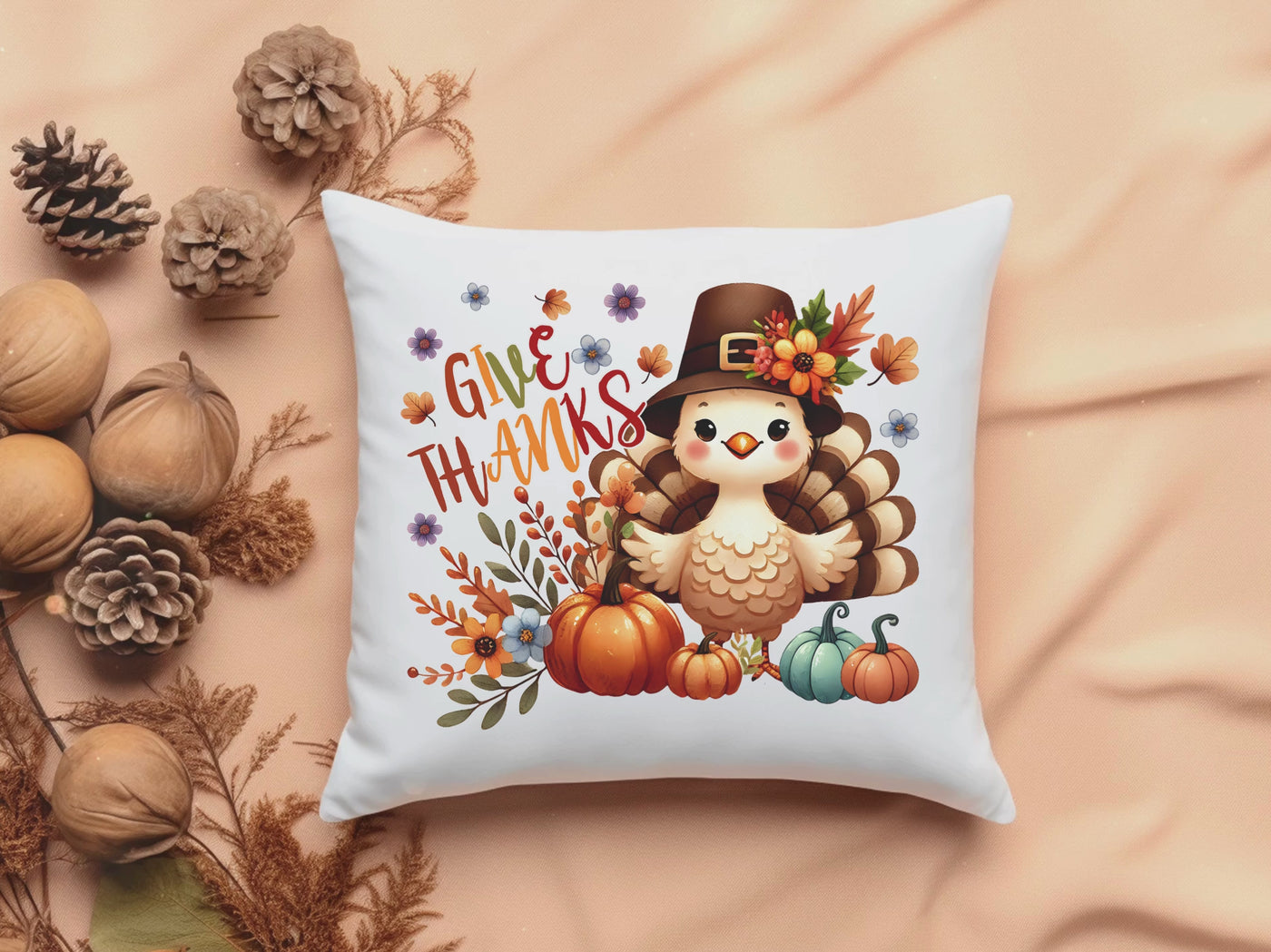 Give Thanks Throw Pillow - Festive Turkey Design