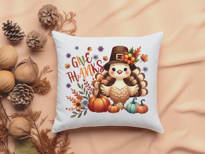 Give Thanks Throw Pillow - Festive Turkey Design